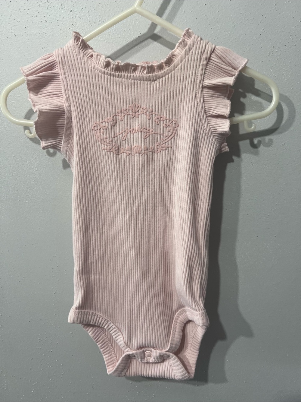Juicy Couture Ribbed pink baby bodysuit with ruffles and logo, Size: 3-6 months